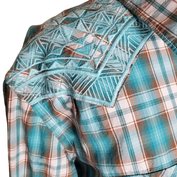 Panhandle Rough Stock Women's Turquoise Western Shirt, Snap Plaid Shirt Sz XL - Picture 4 of 14